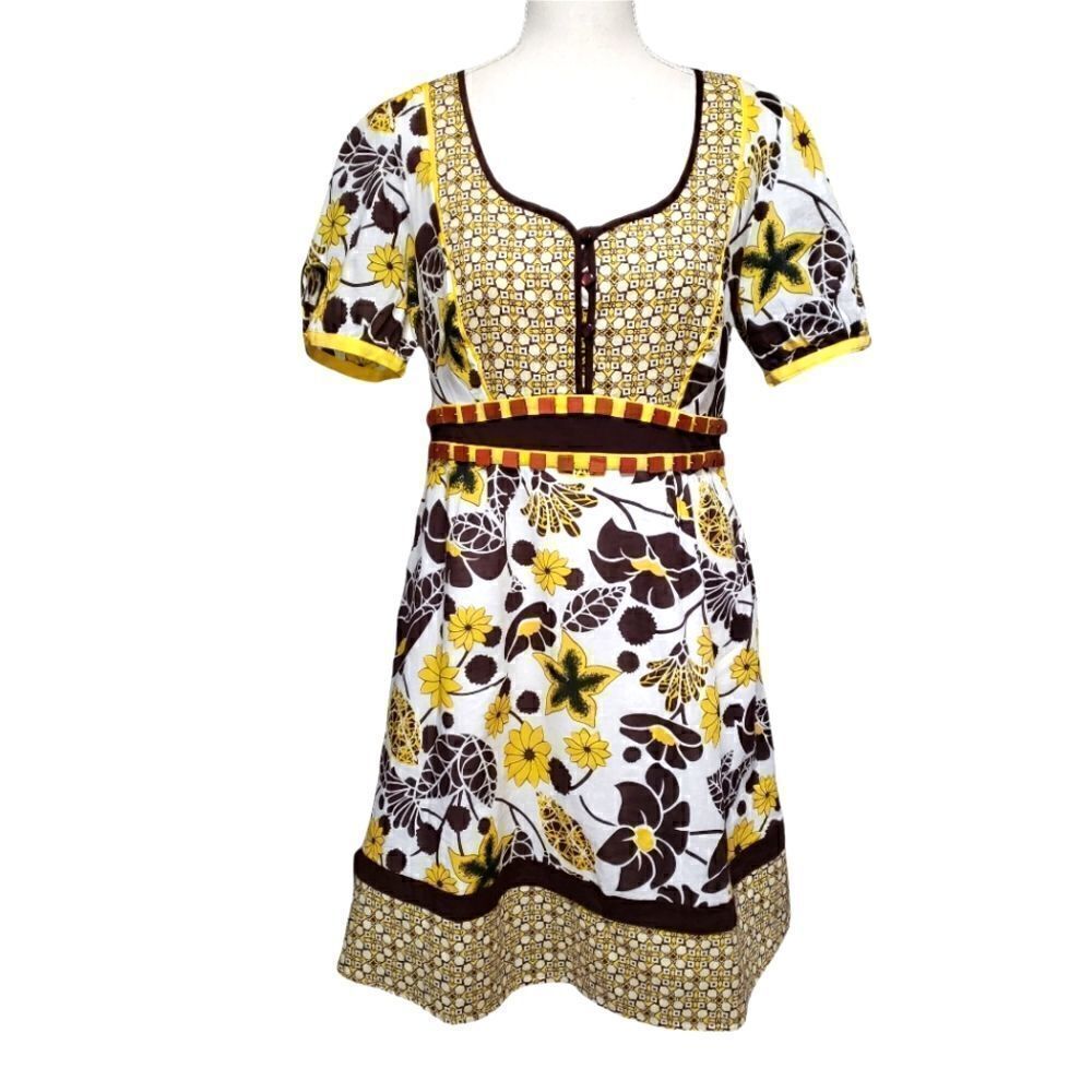 Aryeh Brown Yellow Floral Belted Summer Dress Sz L NWT